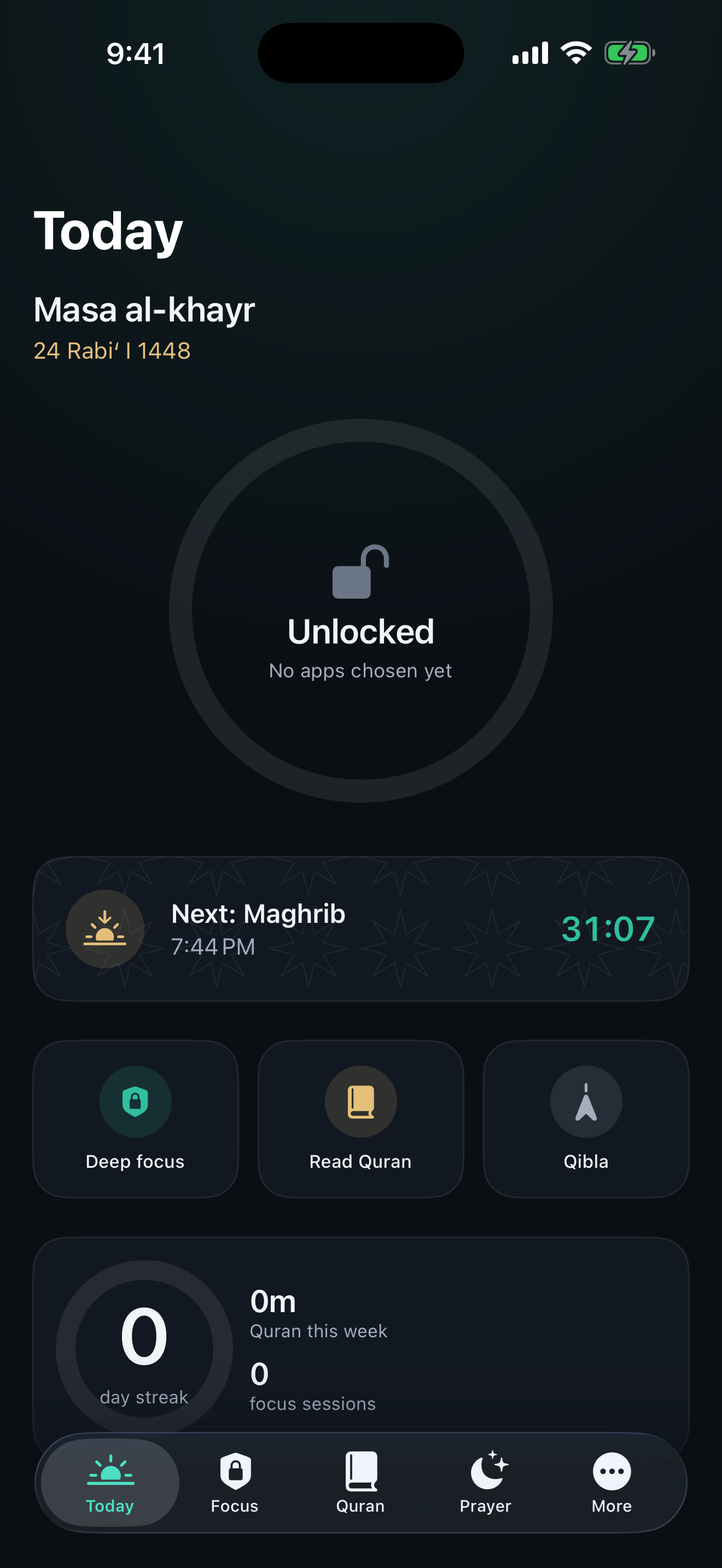 Sutrah Today screen, with next prayer and focus status.